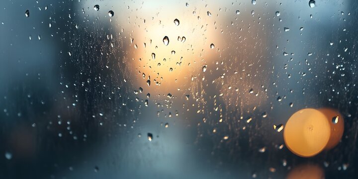 Realistic rain droplets on a glass surface with a soft bokeh cityscape background