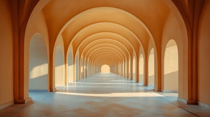 Obraz premium A long arched walkway with warm colored walls