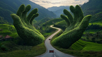 Surreal landscape with massive green hands embracing a heart-shaped field, symbolizing environmental sustainability, love for nature, and global conservation efforts, Generative AI