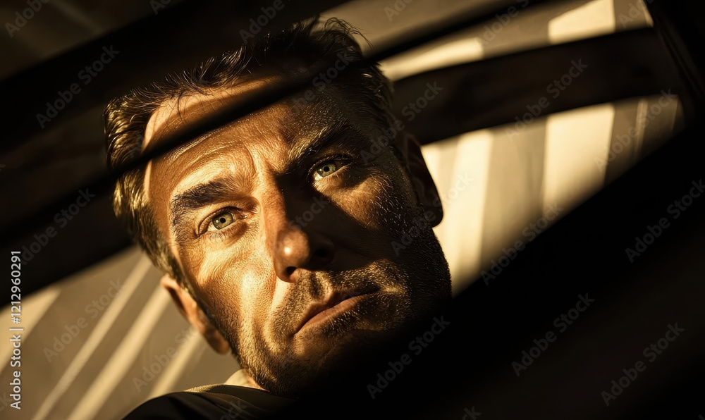 Poster intense and dramatic portrait featuring deep shadows and golden light capturing intriguing expressio