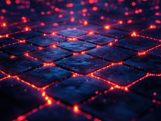 Illuminated Tiles: A Glowing Grid of Dark Stone Squares with Red Lights, Creating an Abstract, Futuristic, and Energetic Visual Landscape.  Perfect for Sci-Fi, Technology, or Abstract Art Projects.