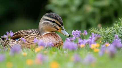 Obraz premium Female Mallard Duck in Garden Flowers