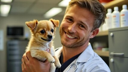 Smiling veterinarian holds adorable puppy in a caring clinic environment during a routine check-up