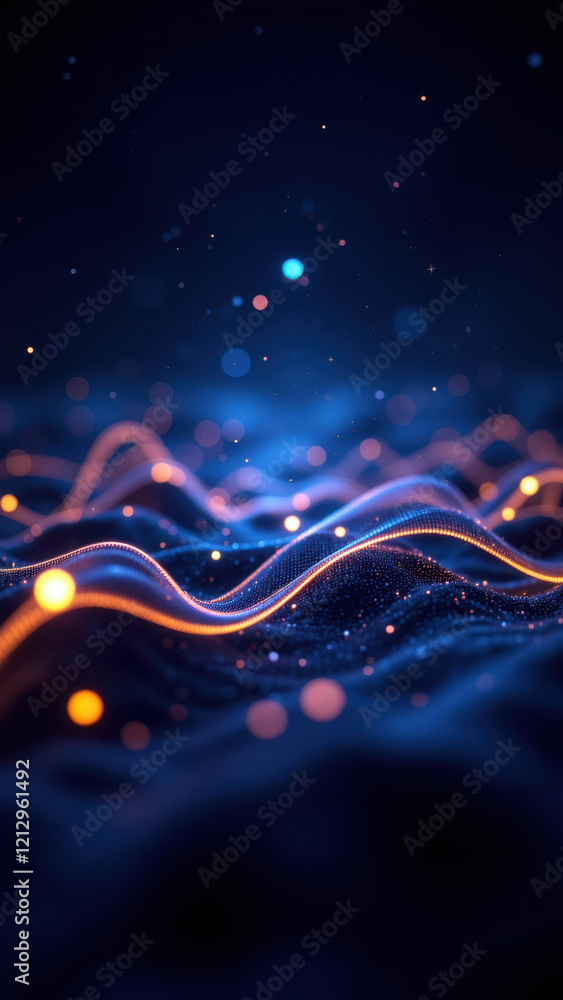 Poster gamma ai abstract graphic with futuristic blue wave patterns and orange circular light effects on da