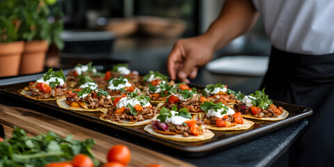 Delicious mini tacos prepared on a baking sheet, garnished with sour cream and cilantro. Ready to serve!