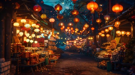 Obraz premium Night Market Lanterns Illuminate Asian Street Vendors