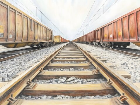 A Railway Perspective. A realistic illustration of parallel railway tracks flanked by freight cars on either side, stretching toward the horizon.
