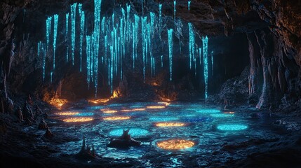 A bioluminescent cave filled with radiant stalactites dripping vibrant liquid light into glowing pools scattered across the floor.