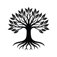 Tree silhouette with roots vector illustration for eco logos, sustainable themes, botanical symbols, nature designs, organic branding, environmental graphics, and rooted art concepts