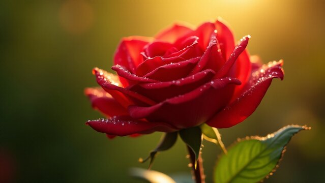 A mesmerizing red rose in full bloom with delicate dew drops shimmering under golden sunlight. A romantic and enchanting close-up showcasing nature&rsquo;s timeless elegance and detail.