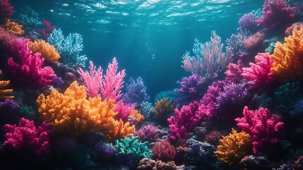 Naklejka premium Vibrant underwater coral reef scene with colorful corals and sunlight.