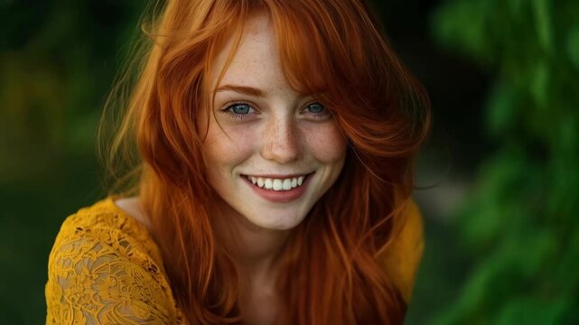 Radiant redhead smiling in natural setting with lush greenery