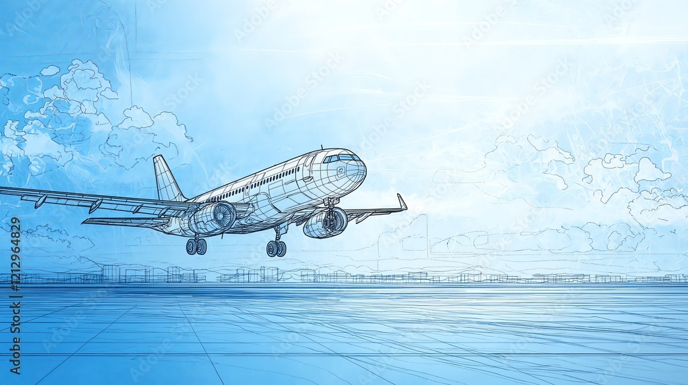 Poster technical sketch of an airplane in blueprint style, representing aviation engineering, innovation, a