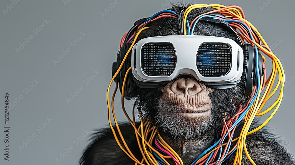 Poster a cybernetic chimpanzee wearing a vr headset connected with wires, symbolizing the fusion of artific