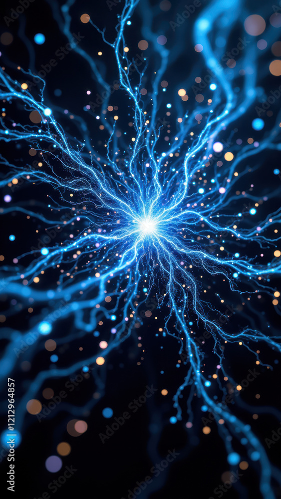 Poster a vivid depiction of artificial intelligence concepts set against a cosmic backdrop with starburst e