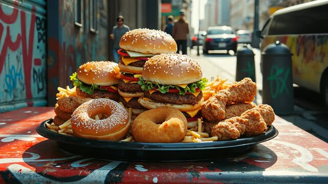 Tower of burgers stacked with cheese, lettuce, and tomatoes, surrounded by donuts and fried chicken in a bustling urban outdoor setting. The concept of indulging in fast food and junk food