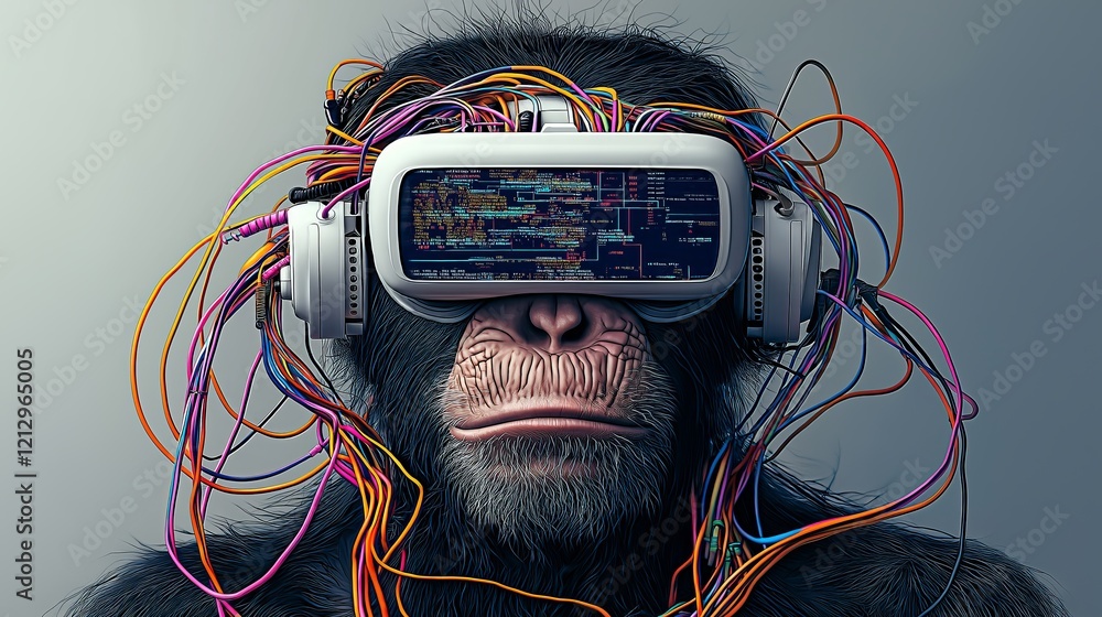 Poster a cybernetic chimpanzee wearing a vr headset connected with wires, symbolizing the fusion of artific