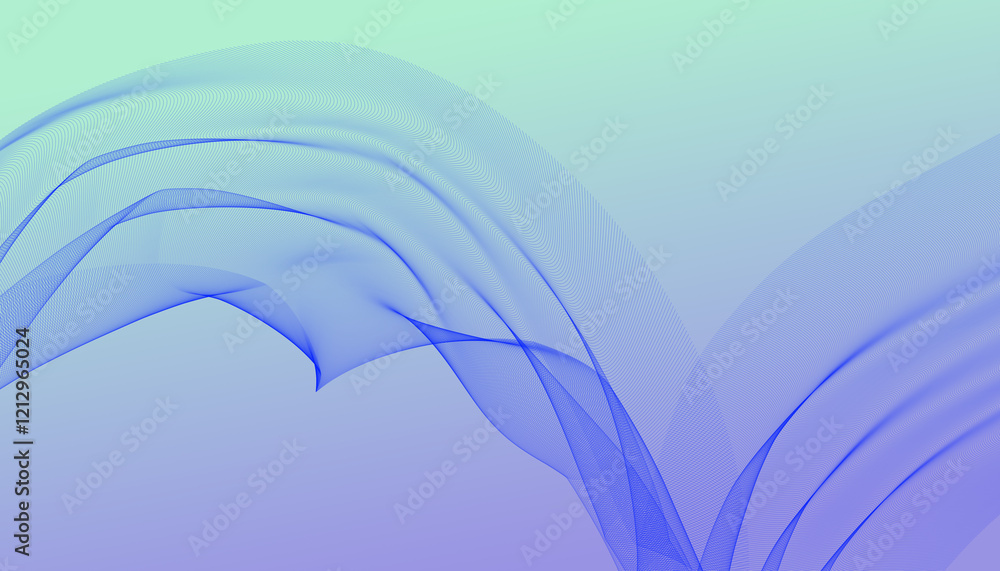 Fototapete elegant gradient abstract waves with fine blue wireframe curves on a soft cyan violet background for