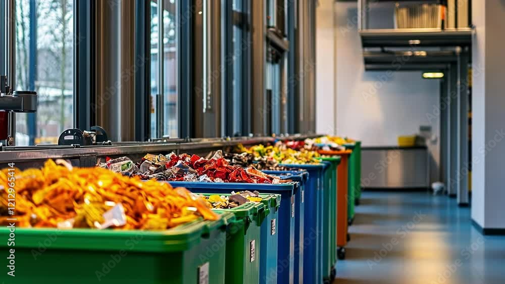 Poster large containers filled with various sorted waste line up in a waste sorting plant, awaiting further