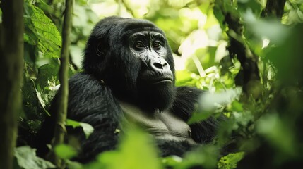 Obraz premium Portrait of Silverback Gorilla Relaxing in Lush Greenery, Rwanda, Africa. Wildlife photography, natural light, close-up, detailed, nature, primate.