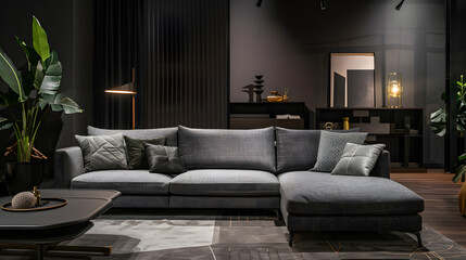 Stylish dark living room interior featuring a gray sofa. generative ai.