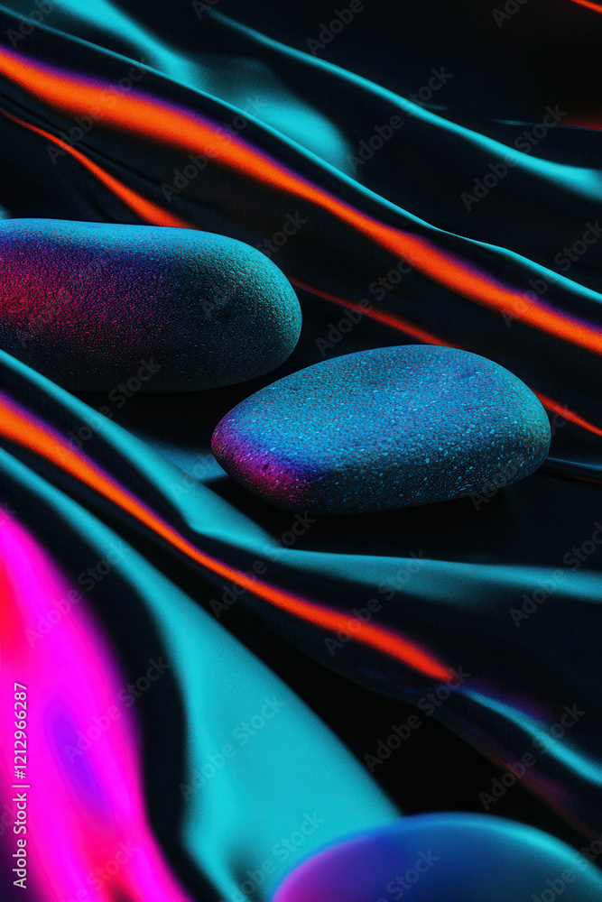 Poster vibrant neon stones on dynamic abstract surface creating a bold and modern design aesthetic with glo