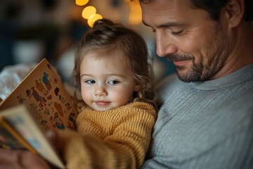 Fototapeta premium Father reading a story to his child in a cozy setting during evening time