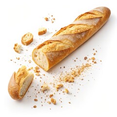 French baguette with crumbs isolated on a white background.