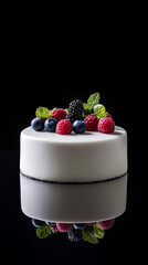 Elegant cake with glossy white glaze, topped with fresh berries and mint leaves on reflective surface