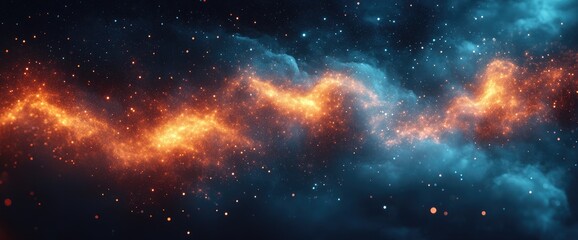 Naklejka premium Cosmic Nebula: Witness the Birth of Stars in a Vivid Dance of Orange and Blue, Celestial Wonders Unveiled in Stunning Detail, Galactic Formation and Stellar Evolution.