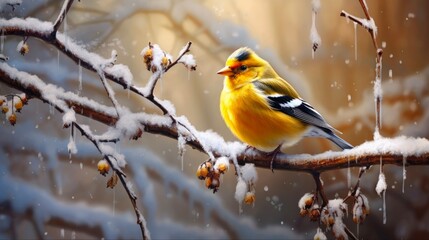 Fototapeta premium American Gold Finch Perched on Snowy Tree Branch, Winter Nature and Wildlife Photography
