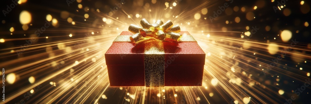 Poster gift box illuminated by rays of light creating an enchanting puzzle effect