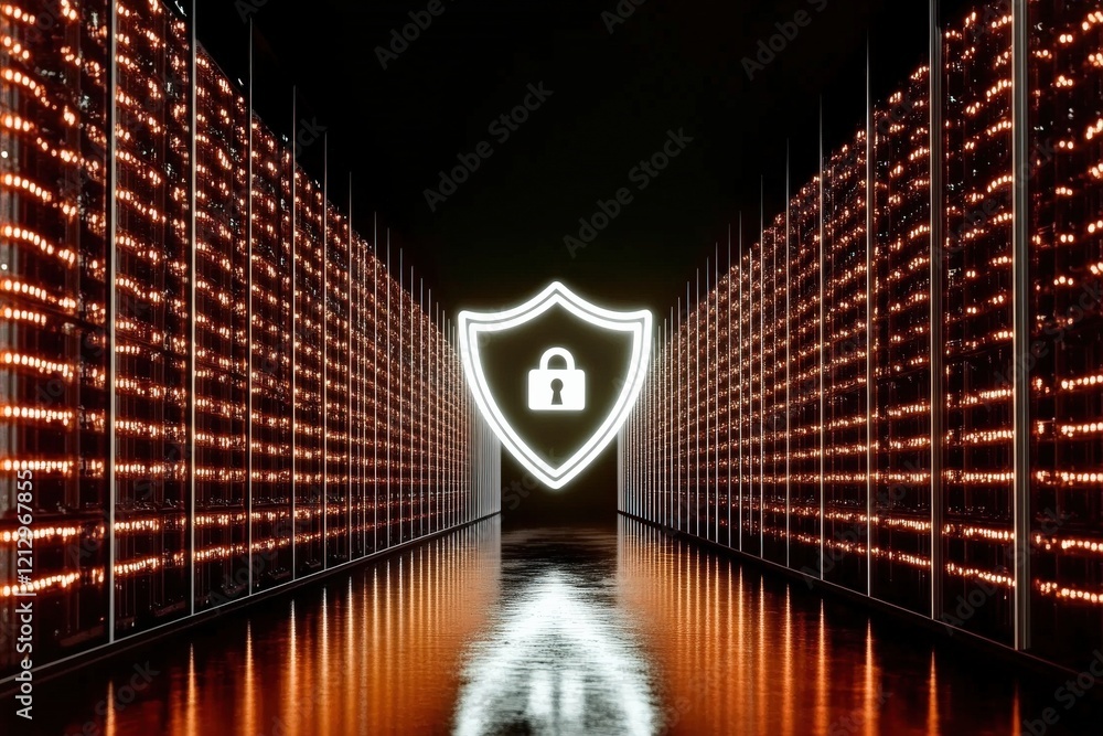 Poster digital security concept with a glowing shield symbol in a data center
