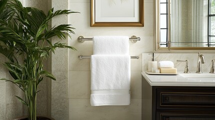 Fototapeta premium A simple yet stylish bathroom displays a pristine white towel hanging on a chrome bar. The space includes a sleek sink and a touch of greenery, creating a fresh atmosphere