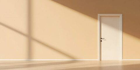 Fototapeta premium Sunlit minimalist room interior with a closed door. Neutral beige walls and flooring create a calm, serene atmosphere. Perfect for design inspiration.