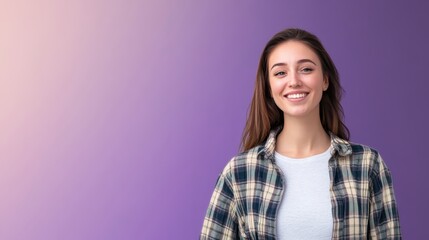Fototapeta premium Young woman, plaid shirt, long dark hair, confident smile, purple background, casual style, friendly expression, natural makeup, studio lighting, head and shoulders portrait, vibrant colors, millennia