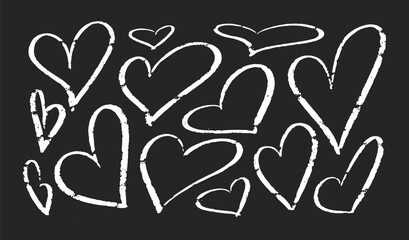 Crayon hearts painted with marker or pencil. Hand drawn chalk symbol of love. Vector charcoal Illustration on black background