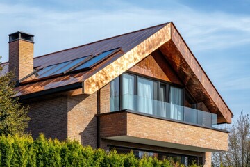 Fototapeta premium Unique private house with shiny copper roof and modern design in a serene setting