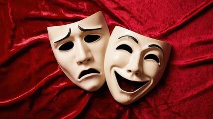Two theatrical masks representing comedy and tragedy, resting on a rich red velvet surface, showcasing the duality of human emotions.