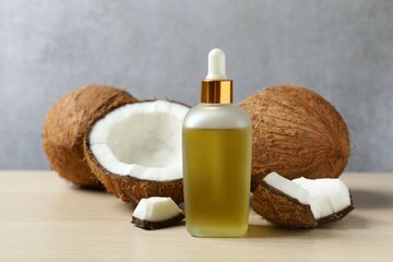 Bottle of coconut oil on the table