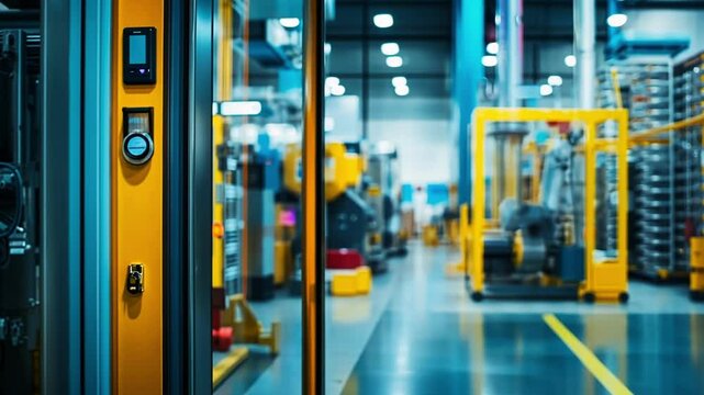 Electronic key and display granting access to a high tech secure server room within a large data center, featuring blurred forklifts in the industrial background