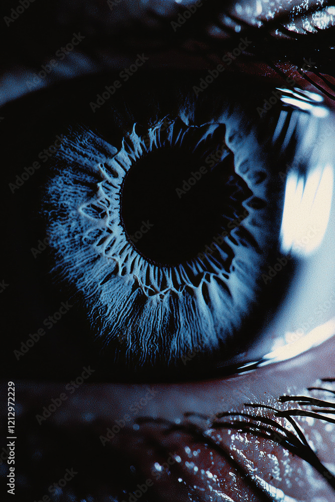 Poster detailed macro shot of a blue eye showing intricate iris patterns and textures