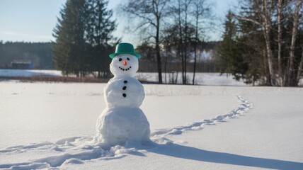 A cheerful snowman stands in a snowy field, adorned with a green hat and a joyful expression, surrounded by a winter landscape.