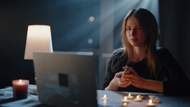 A Tarot Reader Makes A Reading Through A Computer