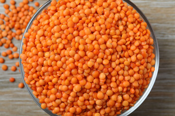 Red lentils in a bowl, close up