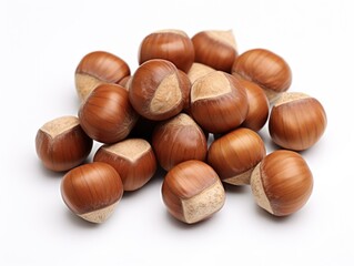 Obraz premium Brown Hazelnuts Closeup: Whole and Halves on White Background. Marco Cut of Dried Filbert. Epicure Fruit and Food