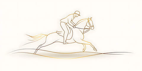 Elegant line art illustration of a jockey riding a horse in full gallop across a gently rolling landscape.