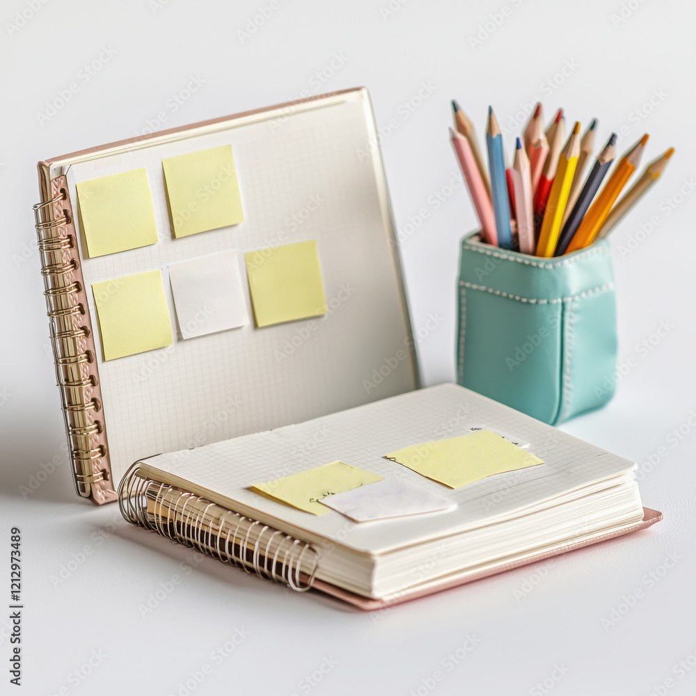 Aufkleber study kit with an open notebook, sticky notes, and colorful pencils arranged neatly on a clean white
