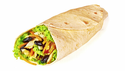 Tortilla z mięsem, fasolą i warzywami na białym tle