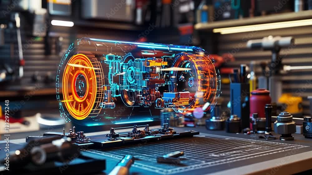 Poster futuristic electric motor hologram projected on desk in workshop setting with tools and components s